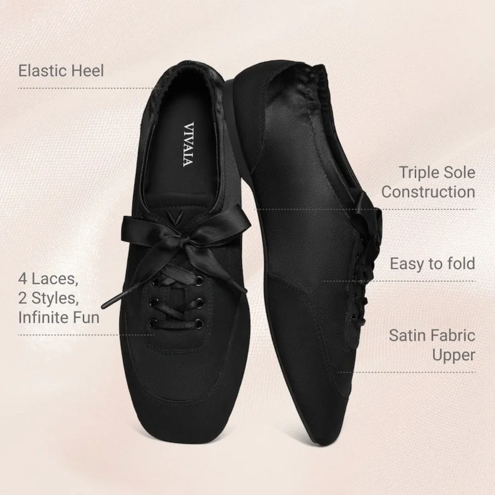 VIVAIA Black Cristina Satin Square Toe Lace-Up Barefoot Ballet‎ Flats US/7-7.5